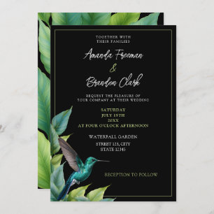 Emerald Hummingbird Tropical Leaves Wedding Invitation