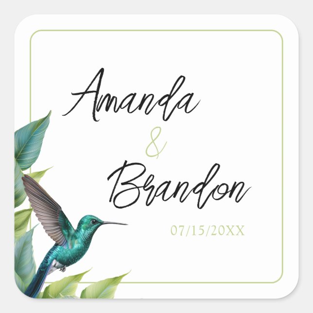 Emerald Hummingbird Tropical Leaves Wedding Square Sticker (Front)