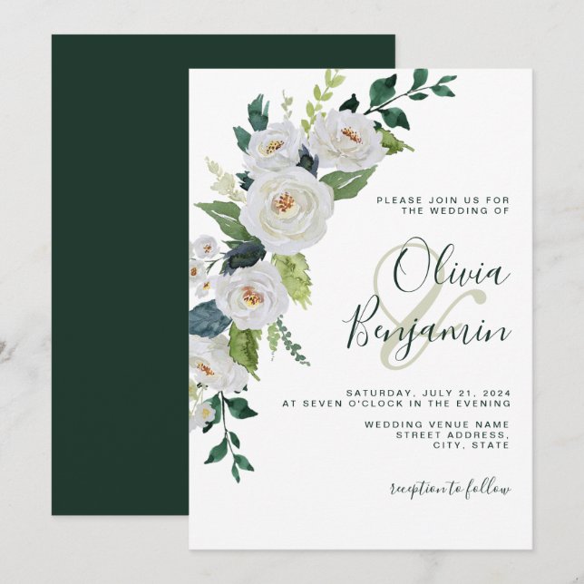 Emerald Ivory White Floral Elegant Wedding Invitation (Front/Back)
