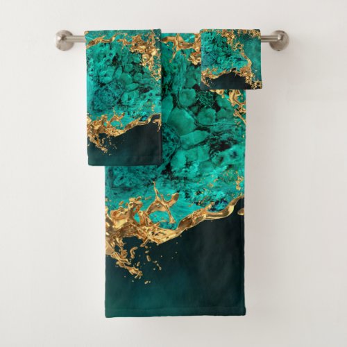 Emerald Jade Gold Splatter Abstract Bath Towel Set