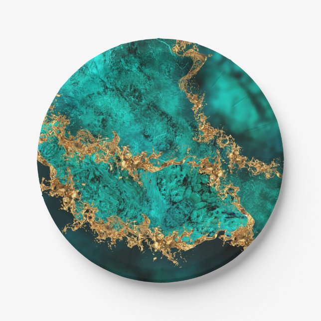Emerald Jade Gold Splatter Abstract Paper Plates (Front)