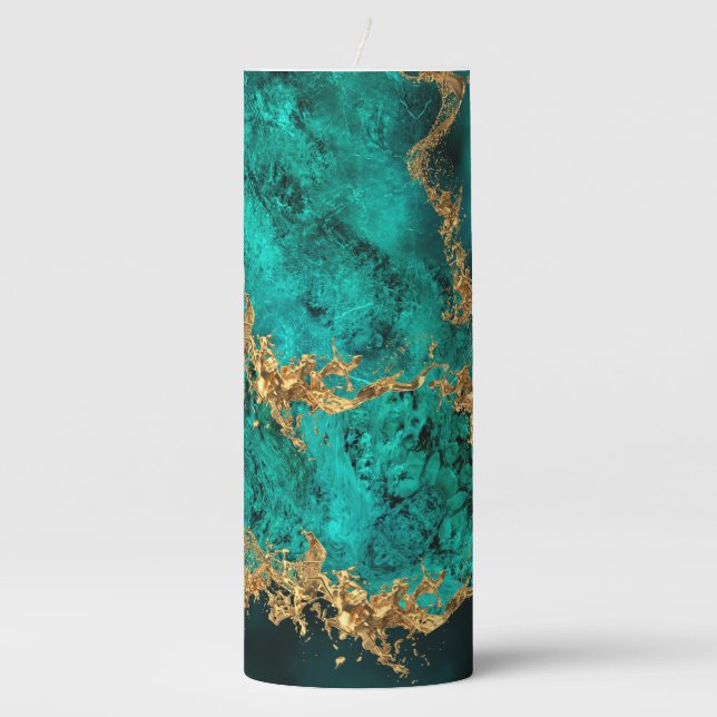 Emerald Jade Gold Splatter Abstract Pillar Candle (Front)