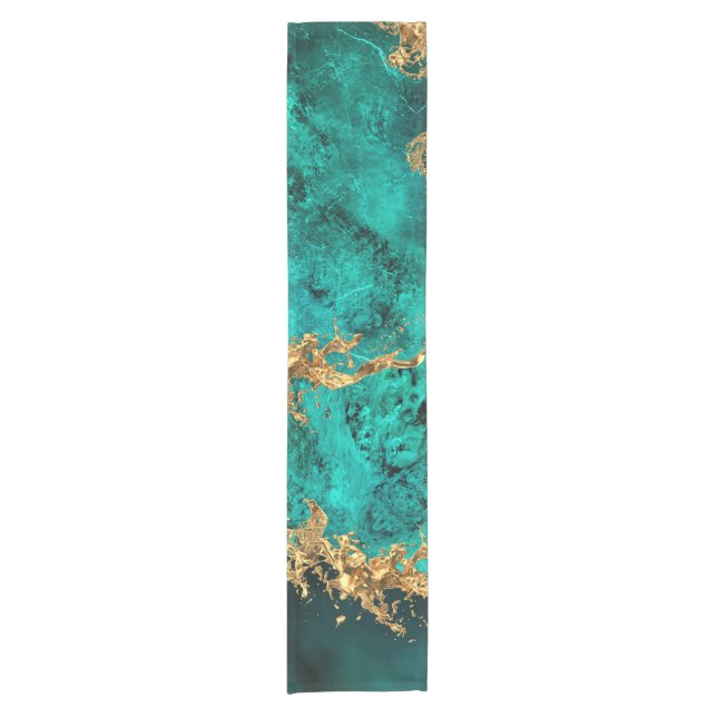 Emerald Jade Gold Splatter Abstract Short Table Runner (Front)