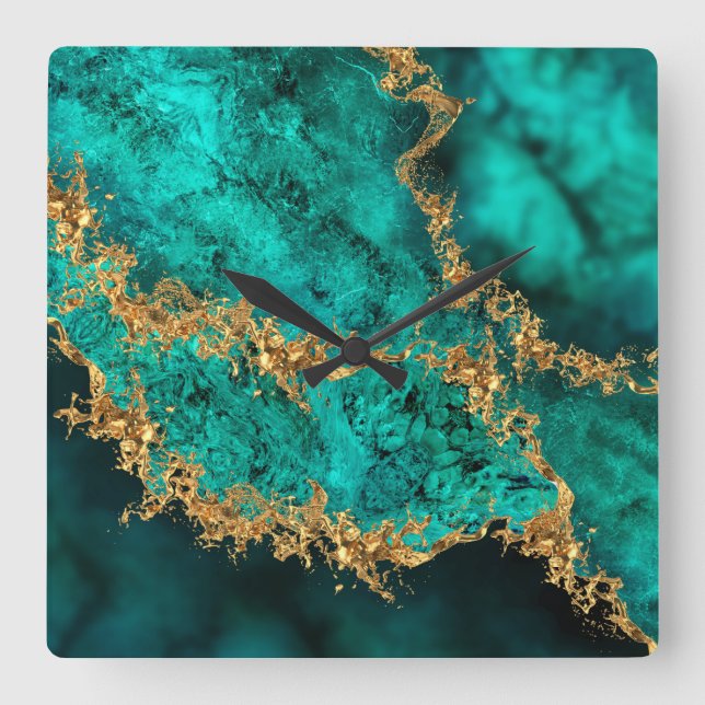 Emerald Jade Gold Splatter Abstract Square Wall Clock (Front)