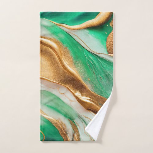 Emerald Jade Green and Gold Abstract Art Bath Towel Set