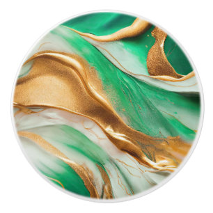 Emerald Jade Green and Gold Abstract Art Ceramic Knob
