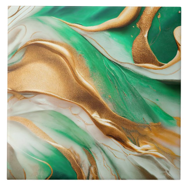 Emerald Jade Green and Gold Abstract Art Ceramic Tile (Front)