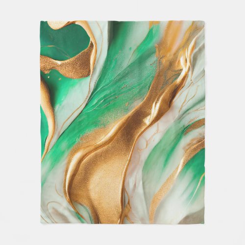 Emerald Jade Green and Gold Abstract Art Fleece Blanket
