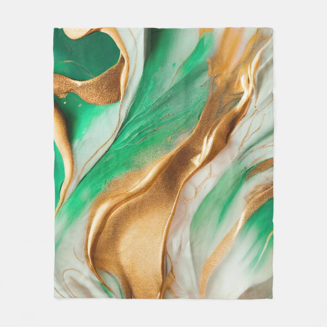 Emerald Jade Green and Gold Abstract Art Fleece Blanket (Front)