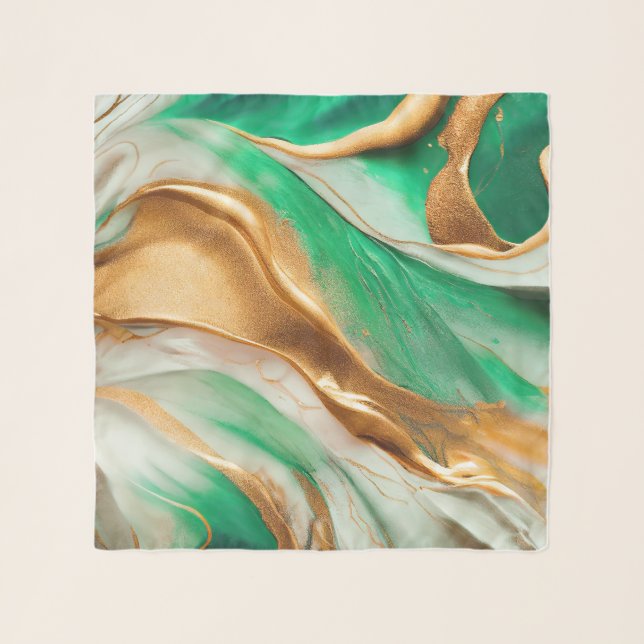 Emerald Jade Green and Gold Abstract Art Scarf (Front)