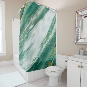 Emerald Jade Green Gold Accented Painted Marble Shower Curtain