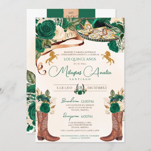 Emerald Jade Green Rose Western Charro Quinceaera Invitation