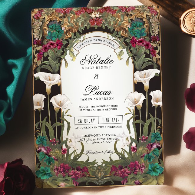 Emerald Jewel Tone Floral Art Nouveau Wedding  Invitation (Creator Uploaded)