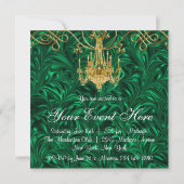 Emerald Kelly Green Gold Chandelier Party Invitation (Back)
