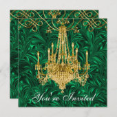 Emerald Kelly Green Gold Chandelier Party Invitation (Front/Back)