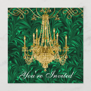 Emerald Kelly Green Gold Chandelier Party Invitation