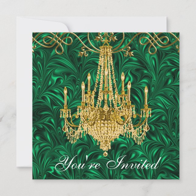 Emerald Kelly Green Gold Chandelier Party Invitation (Front)