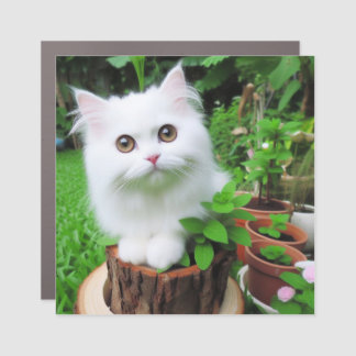 "Emerald Kitty: White Cat in Green Exposed Car Mag Magnet