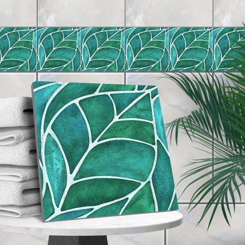 Emerald Leaf Watercolor Ceramic Tile