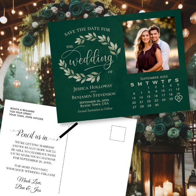 Emerald Leaves Photo Calendar Wedding Save Date Announcement Postcard (Front/Back)