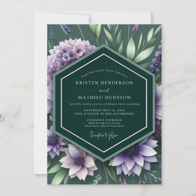 Emerald Lilac Botanical Wedding Invitation (Front)