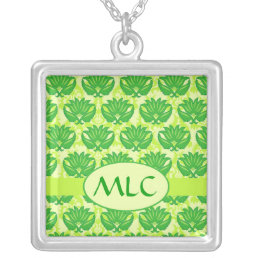 Emerald Lime Green Art Nouveau Damask Monogram Silver Plated Necklace