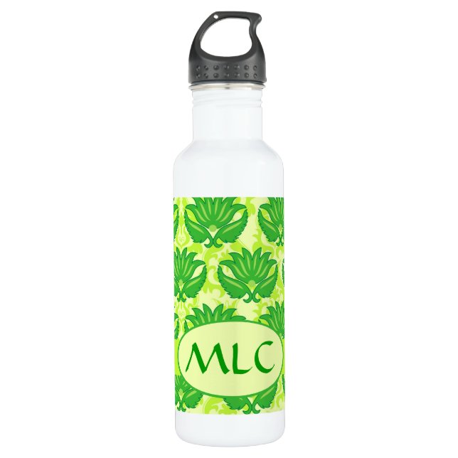 Emerald Lime Green Art Nouveau Damask Monogram Water Bottle (Front)