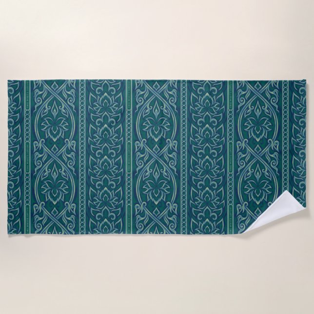 Emerald Lotus Tapestry Pattern - The White Lotus Beach Towel (Front)