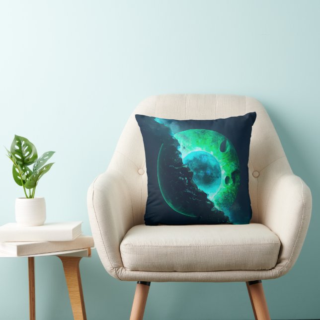 Emerald Lunar Core Cracking Open DALL-E AI Art Throw Pillow (Chair)