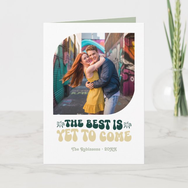 Emerald Luxe Champagne Retro New Year Photo Holiday Card (Front)