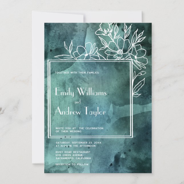 Emerald magnolia watercolor minimalistic wedding invitation (Front)