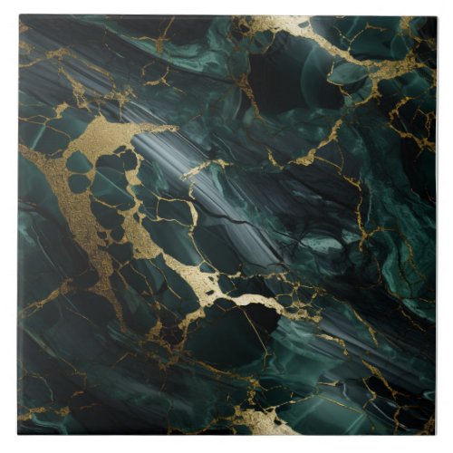 Emerald Marble Dark Aquamarine Gold Detail Ceramic Tile