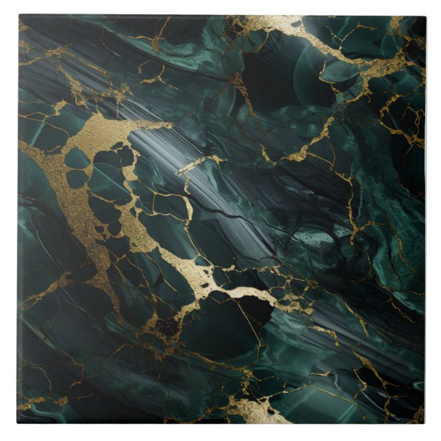 Emerald Marble, Dark Aquamarine, Gold Detail Ceramic Tile (Front)