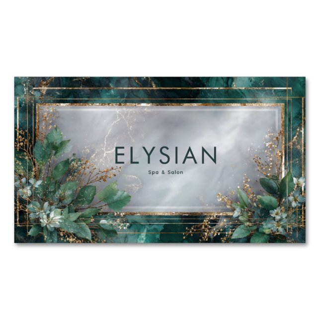 Emerald Marble Eucalyptus Gold Foliage Frame Business Card Magnet (Front)