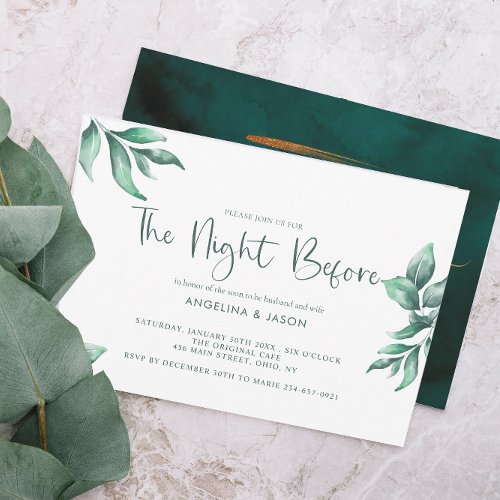 Emerald Marble  Gold Greenery Rehearsal Dinner Invitation