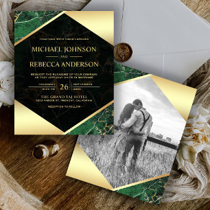 Emerald Marble Photo Budget Wedding Invitation
