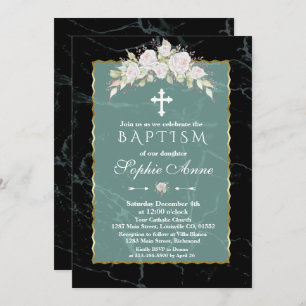 Emerald Marble White Roses Gold Frame Baptism Invitation