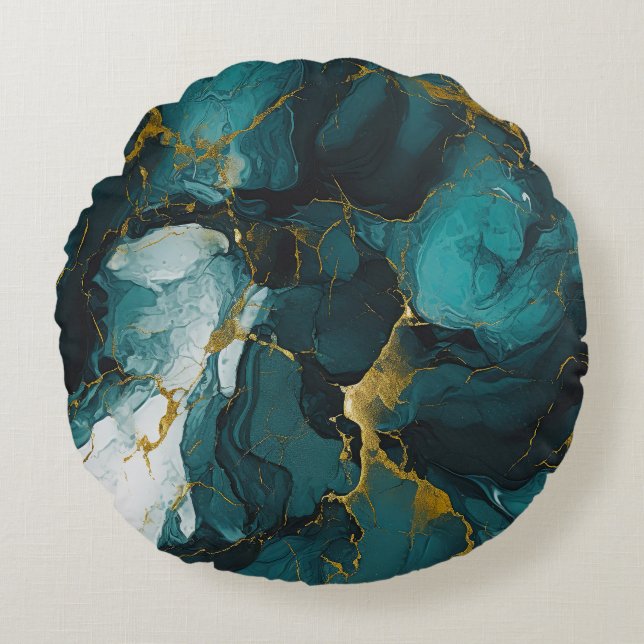 Emerald Marble with Golden Veins Round Pillow (Front)