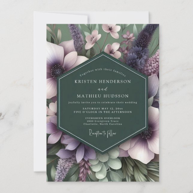 Emerald Mauve Artful Flora Wedding Invitation (Front)