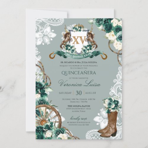 Emerald Mint Green Floral Crest Charro Quinceanera Invitation