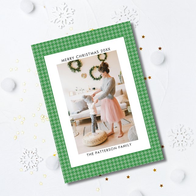 Emerald Mint Green Houndstooth Photo Christmas  Holiday Card (Creator Uploaded)