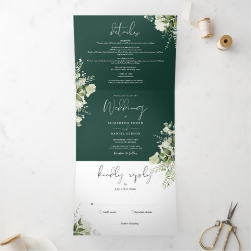 Emerald Modern Botanical Greenery Photo Wedding Tri_Fold Invitation
