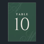 Emerald Modern Edge Elegant Monogram Table Numbers<br><div class="desc">A simple modern minimalist design with an elegant edge, this unique wedding table number design features beautiful calligraphy script monograms of the bride and groom on alternate corners. The table number is centered with a clean classic look on an emerald green background with ivory text. Replace the sample text with...</div>
