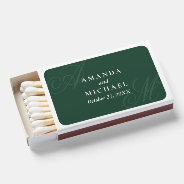 Emerald Modern Edge Elegant Monogram Wedding Matchboxes (Front Open)