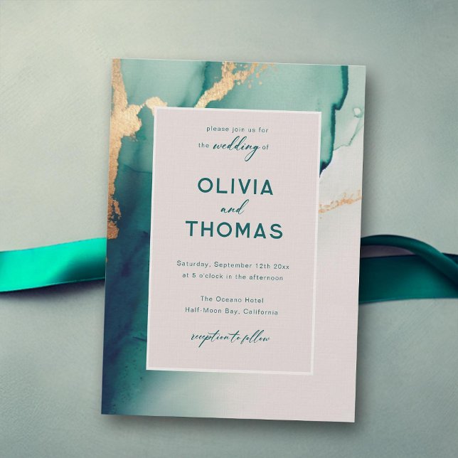 Emerald Modern Frame Elegant Simple Beach Wedding Invitation (emerald green gold wedding invitation modern ocean beach waves elegant bohemian romantic boho chic)