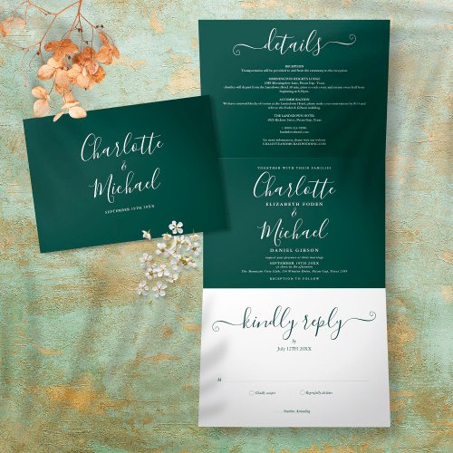 Emerald Modern Script Minimalist Photo Wedding Tri_Fold Invitation