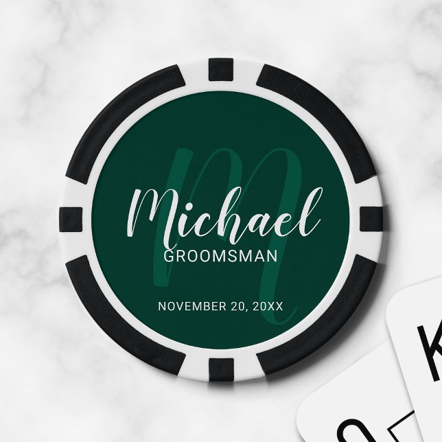 Emerald Modern Script Personalized Groomsmen Poker Chips (Creator Uploaded)