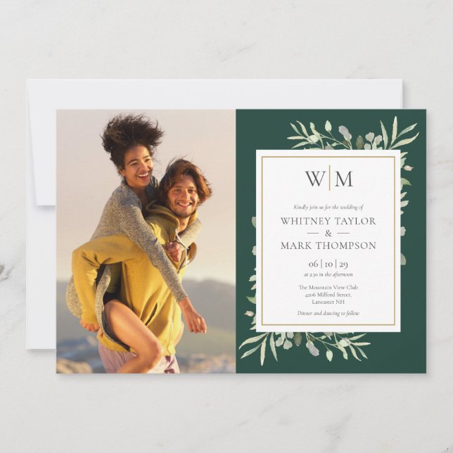 Emerald Monogram Greenery Photo Wedding Invitation (Front)
