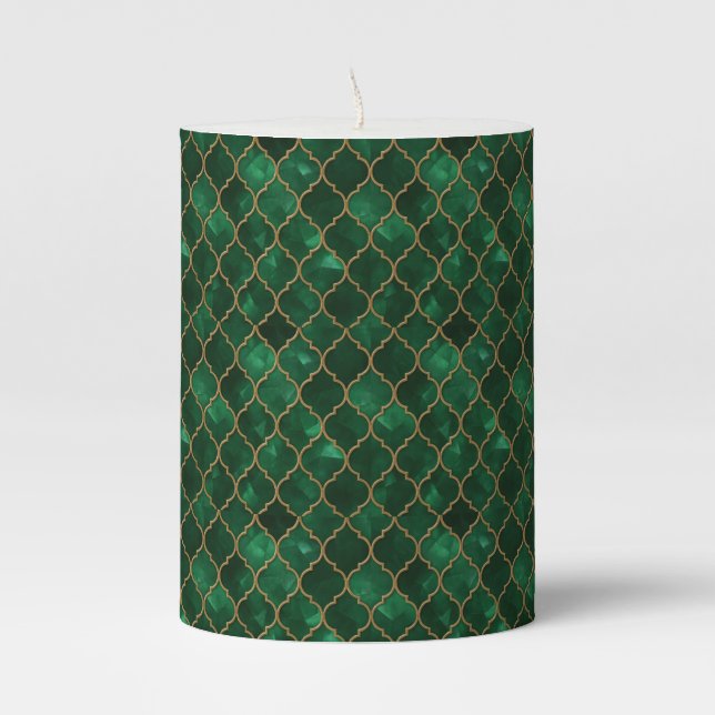 Emerald Moroccan Pattern – Luxury Style Pillar Candle (Front)