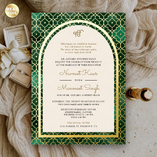 Emerald Moroccan Pattern Sikh Arch Wedding Gold Foil Invitation